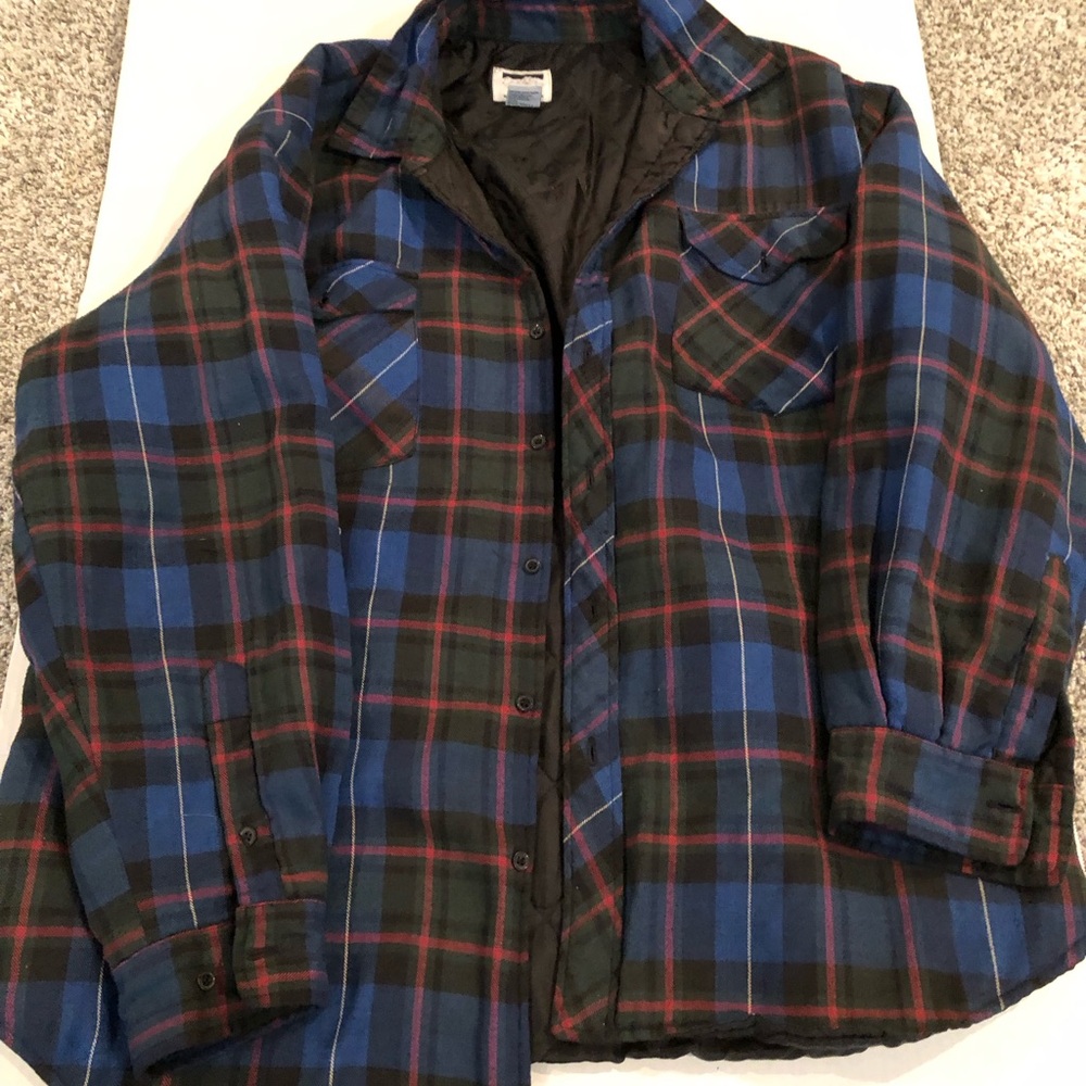 mens 2 X  blue flannel lightweight weight button up  small hole/pick LT front